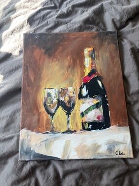 Hand-Painted Wine Bottle and Glasses Still Life by Claire - Brown & Black